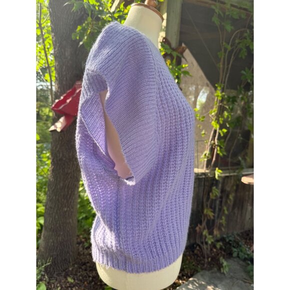 70s 80s Lavender Knit Top Batwing Cap Flutter Sleeve Crew Neck Handmade - Picture 2 of 6